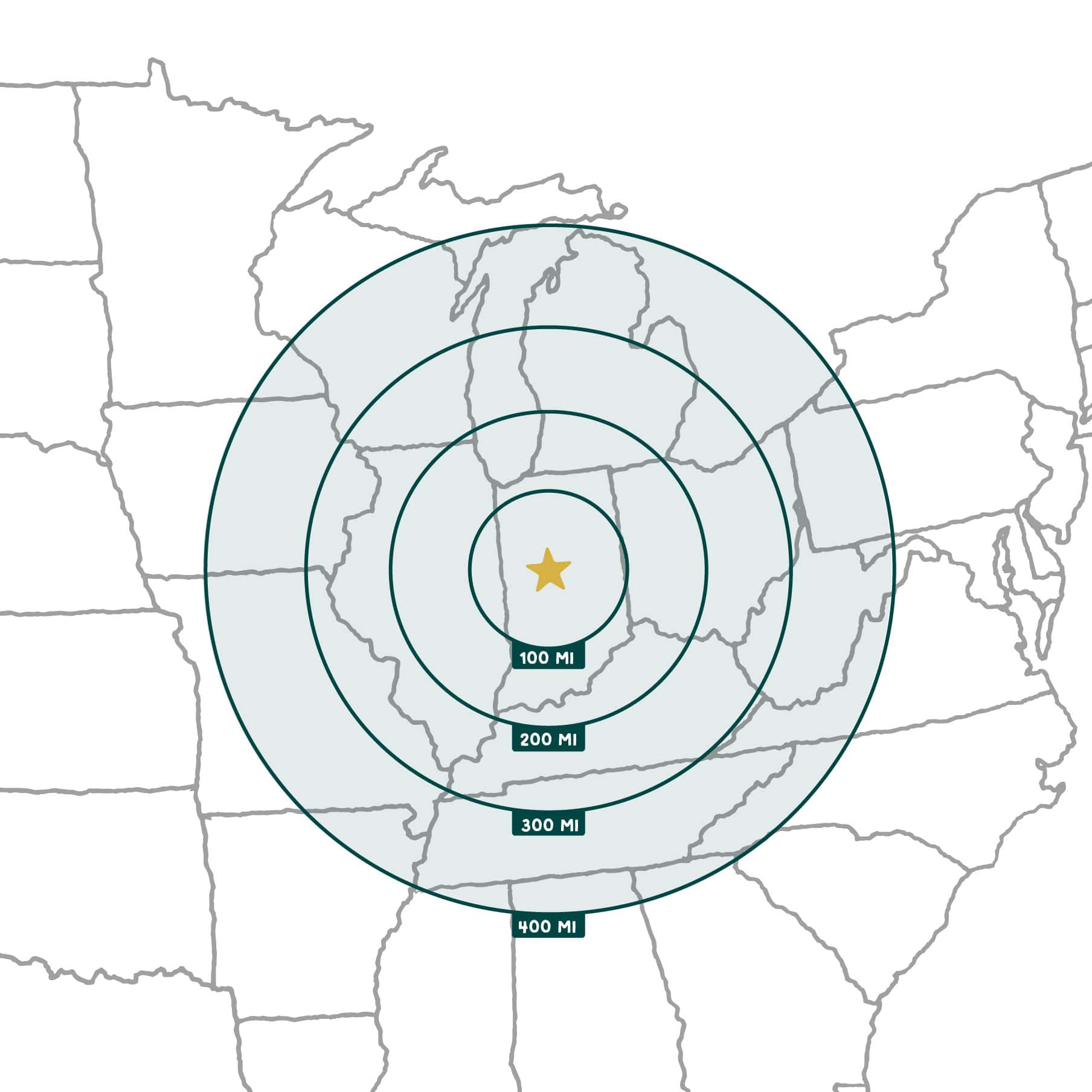 A map showing radius distance from Boone County.