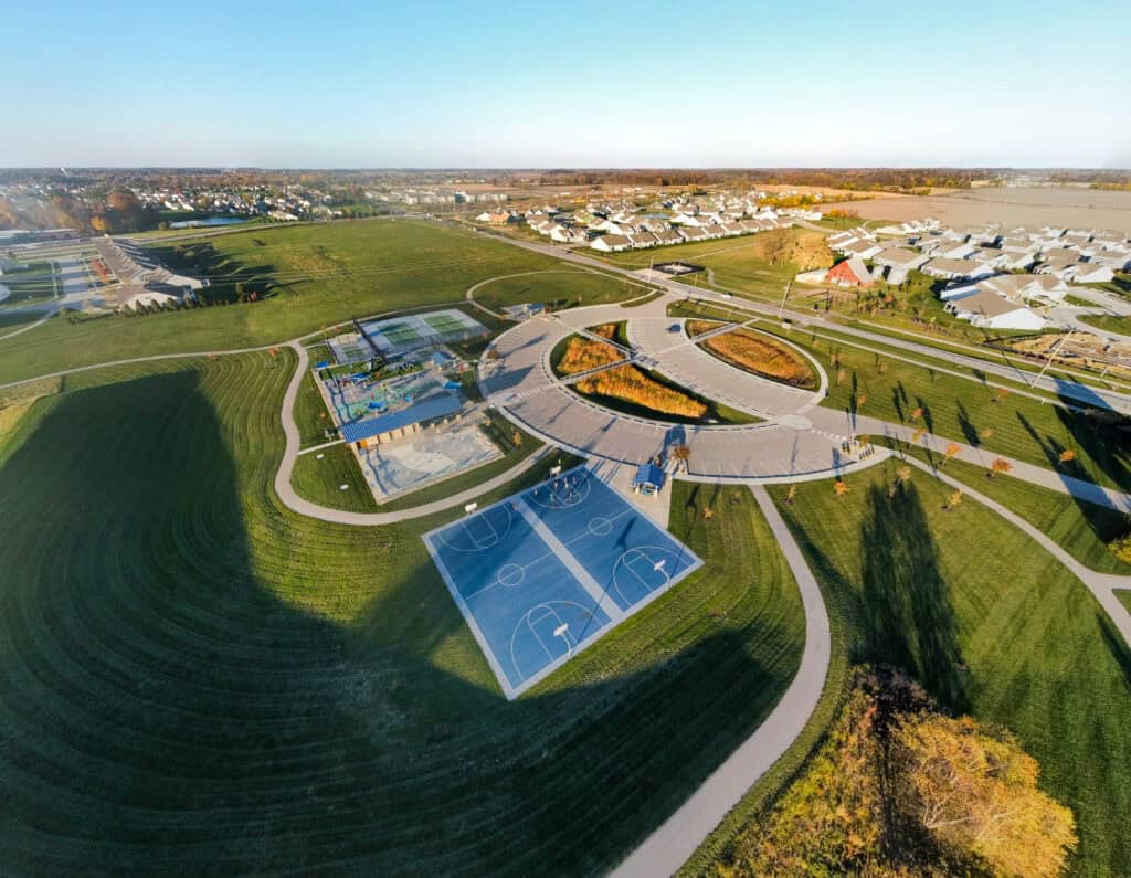 Aerial view of Main Street Park in Whitestown, Indiana.