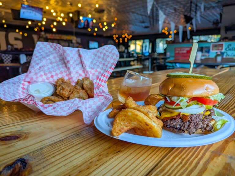 Gathering House Grille burger and fried mushrooms.